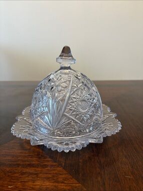 Clear Pressed Glass Butter Dish with Decorative Dome